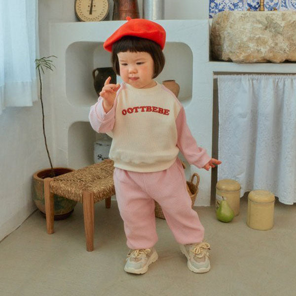 Lettering Waffle Top & Bottom Set Korean toddler set in blue made in Korea