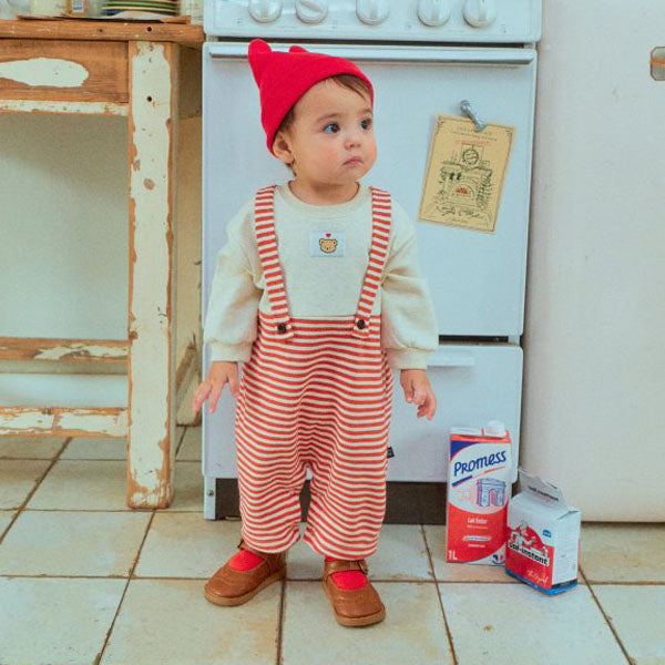 Peekaboo Overall Bodysuit Korean infant bodysuit in cream red made in Korea