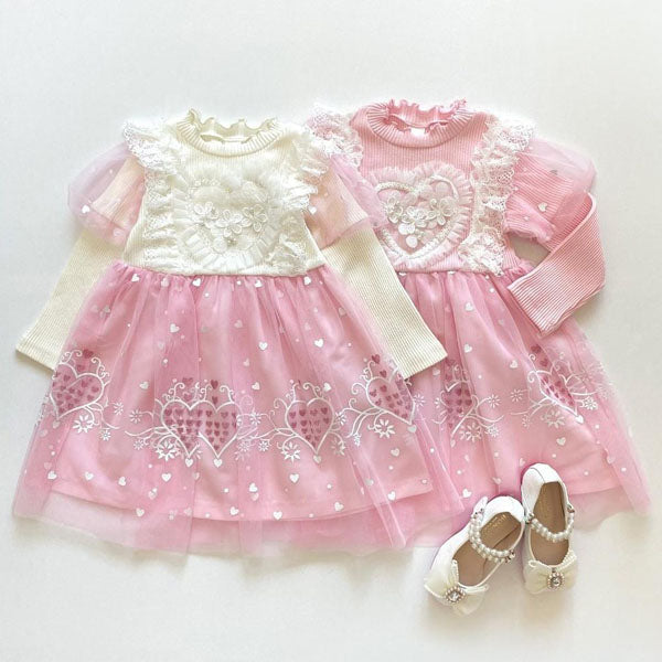Ribbed Heart Dress Korean toddler dress in ivory made in Korea