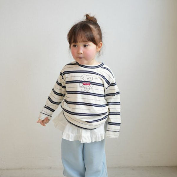 Bear O'Clock Pinstripe Tee Korean toddler t-shirt in ivory-navy made in Korea