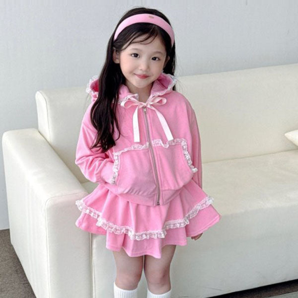 Lace Tiered Hoodie Set Korean juniors set in pink made in Korea