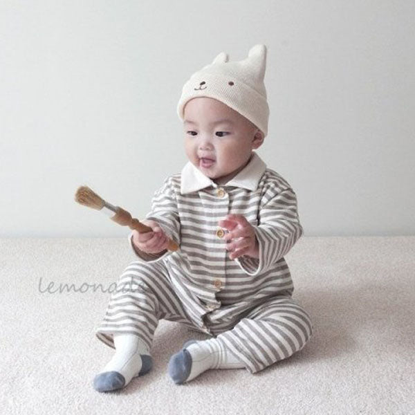 Stripe Collar Bodysuit Korean infant bodysuit in beige made in Korea