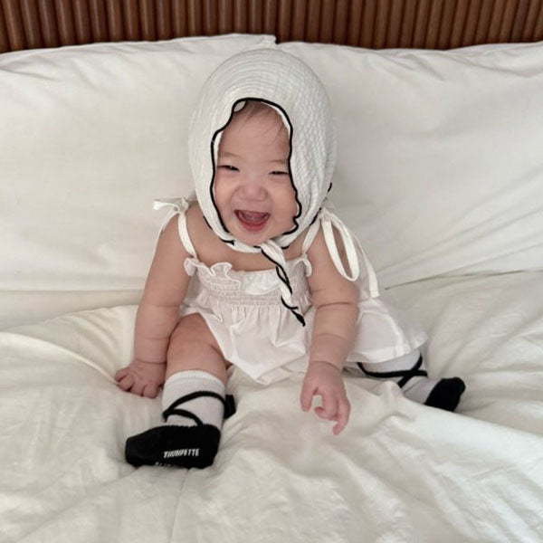 Cotton Smocked Suit Korean infant bodysuit in solid ivory made in Korea