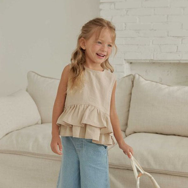 Ribbon Tiered Sleeveless Blouse Korean toddler blouse in beige made in Korea