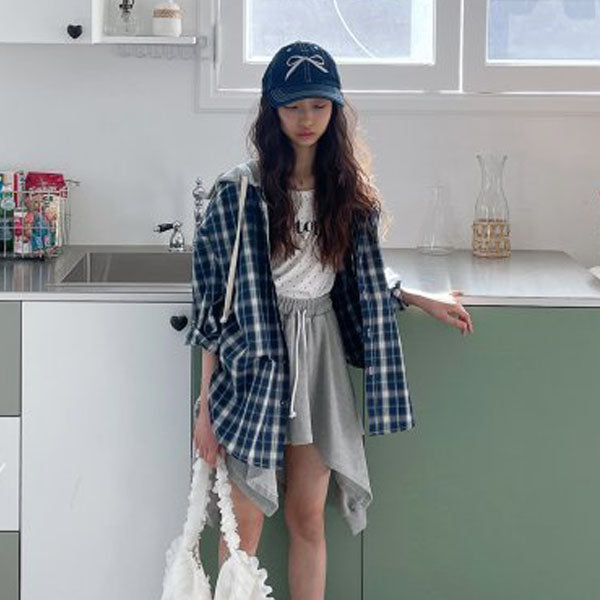 Check Hooded Shirt Adult Korean kids shirt in navy made in Korea