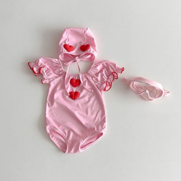 Heart Motif Shirred Swimsuit Korean toddler swimsuit in check made in Korea