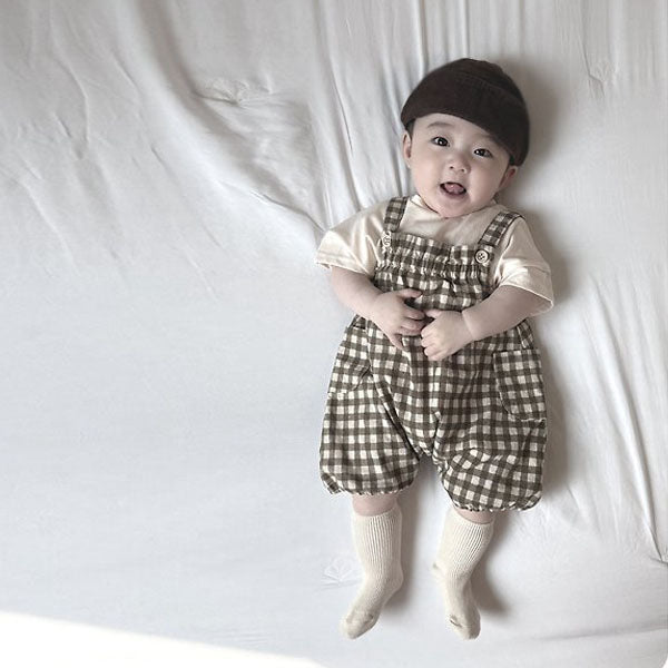 Checkered Romper Korean infant romper in brown made in Korea