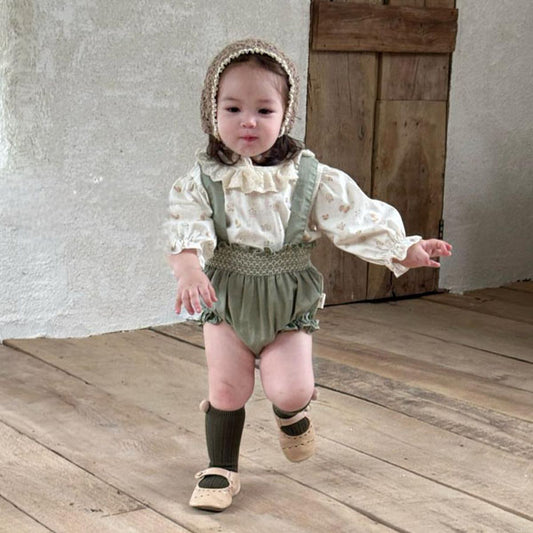 Olive Frill Blouse Suit Set