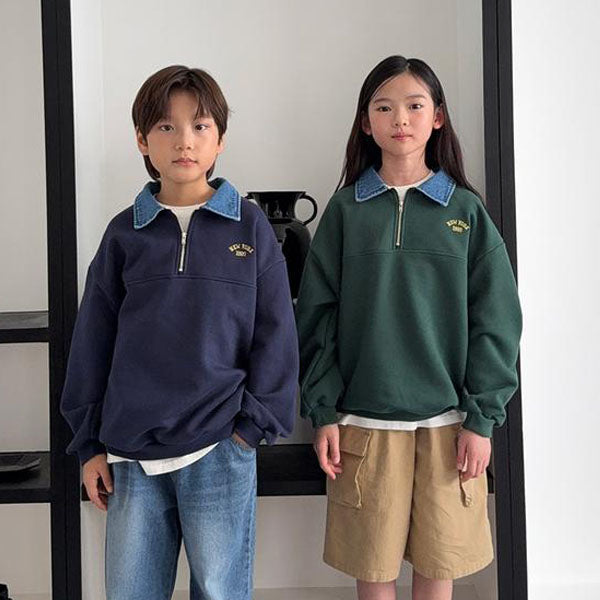 Denim Collar Zip Sweatshirt