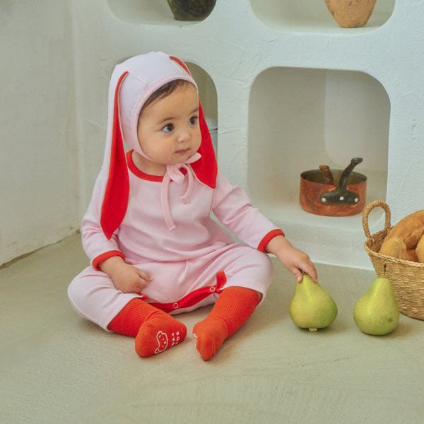 Modal Heart Bodysuit + Rabbit Bonnet Set Korean infant bodysuit in cream made in Korea