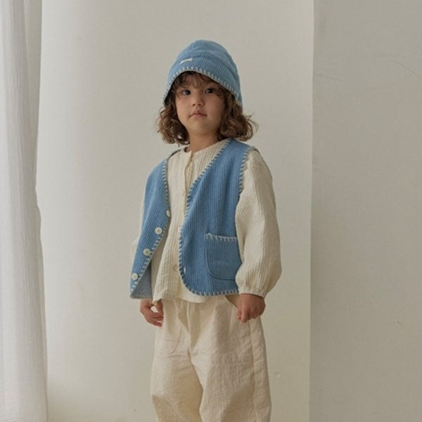 Denim Melody Vest Korean toddler jacket in medium blue made in Korea