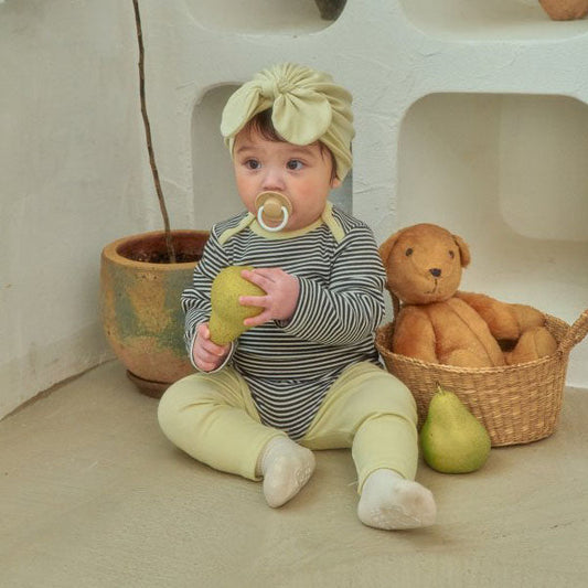 Coco Stripe Bodysuit Korean infant bodysuit in black stripe made in Korea