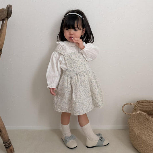 Moss Frill Overall Dress Korean toddler dress in beige made in Korea