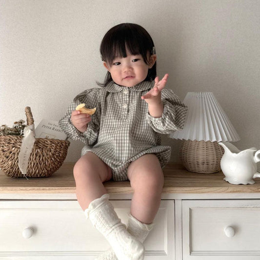 Check Collar Bodysuit Korean toddler bodysuit in khaki made in Korea