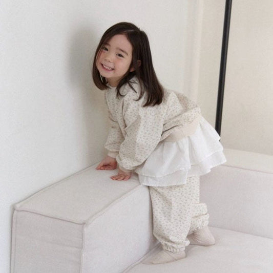Ruffle Jogger Pants Set Korean toddler pants in cream floral made in Korea