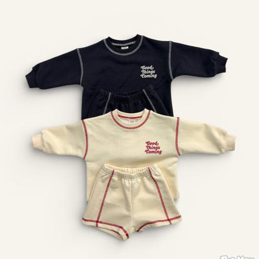 Coming Guy Ribbed Trim Top & Bottom Set Korean toddler set in cream made in Korea