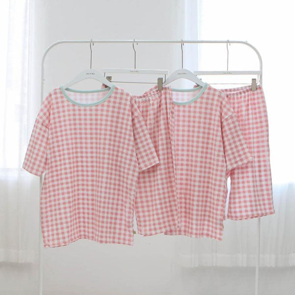SS Summer Check Short Sleeve Top & Bottom Set Adult Korean kids set in yellow made in Korea