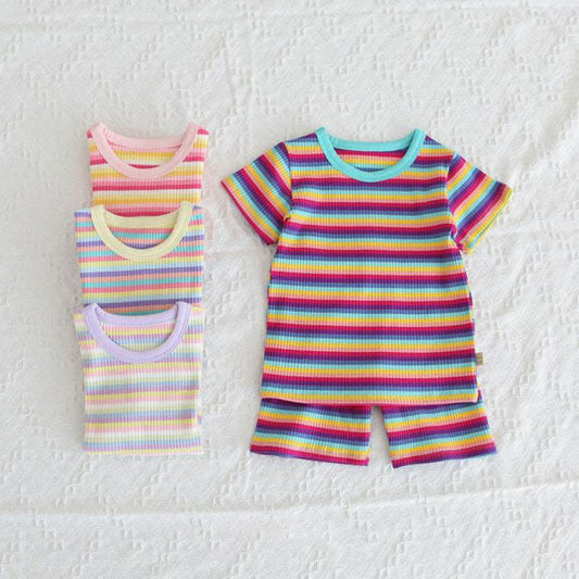 SS Rainbow Stripe Top & Bottom Set Korean juniors set in yellow(neck contrast color based) made in Korea