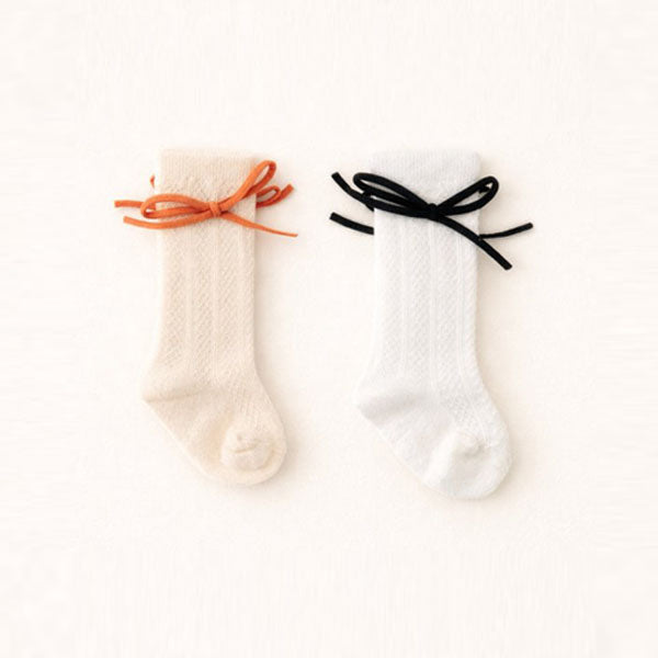 Ribbon Knee-High Socks Korean juniors accessory in butter(peach ribbon) made in Korea