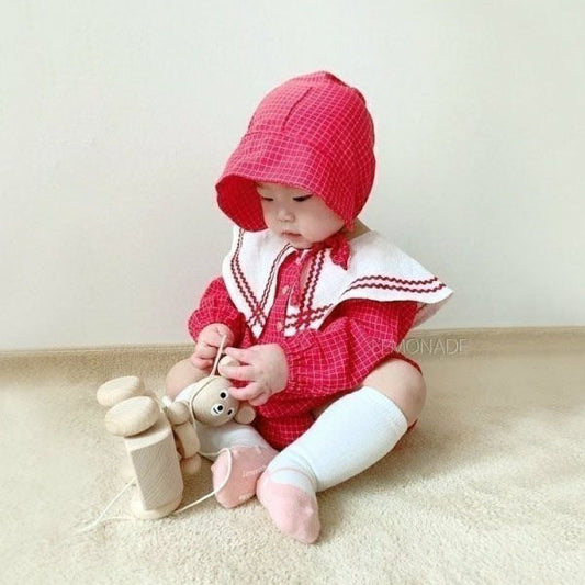 Butterfly Check Bodysuit Korean infant bodysuit in red made in Korea