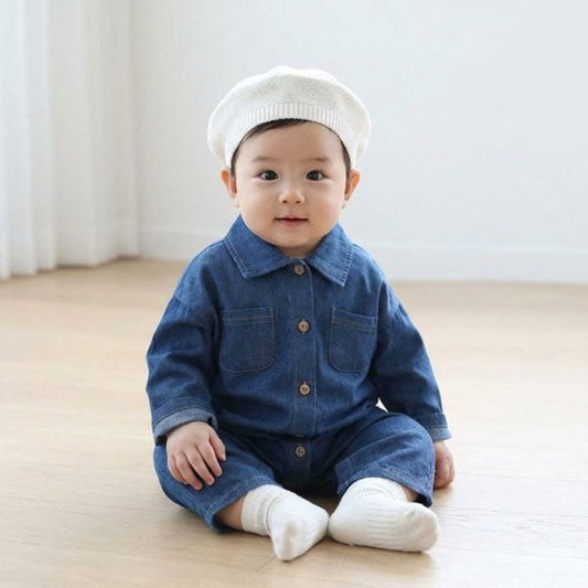 Mild Collar Romper Korean infant romper in medium blue made in Korea