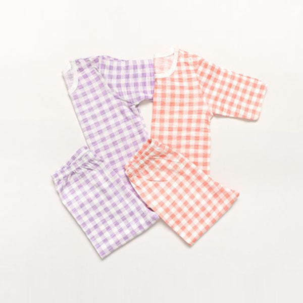 3/4-Length Cotton Modal Slub - Check Korean toddler loungewear in green check made in Korea