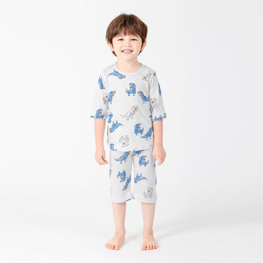 3/4-Length Cotton Modal Slub - Dinosaur Korean toddler loungewear in dino gray made in Korea