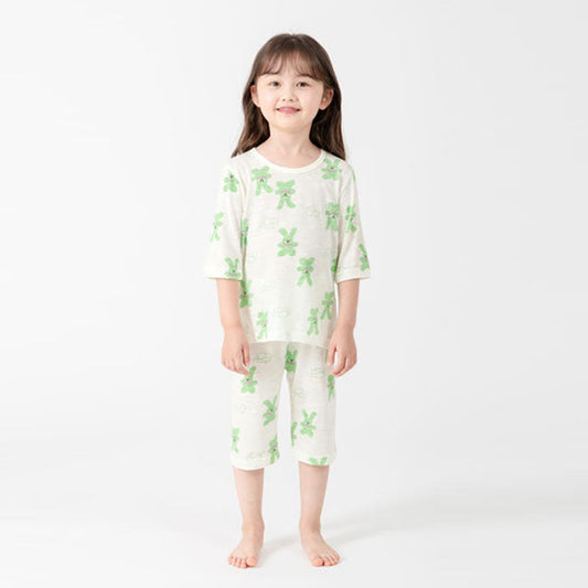 3/4-Length Cotton Modal Slub - Bunny Korean toddler loungewear in bunny purple made in Korea