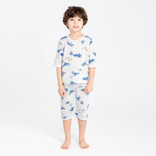 3/4-Length Jacquard - Shark Friends Korean toddler loungewear in shark friends made in Korea