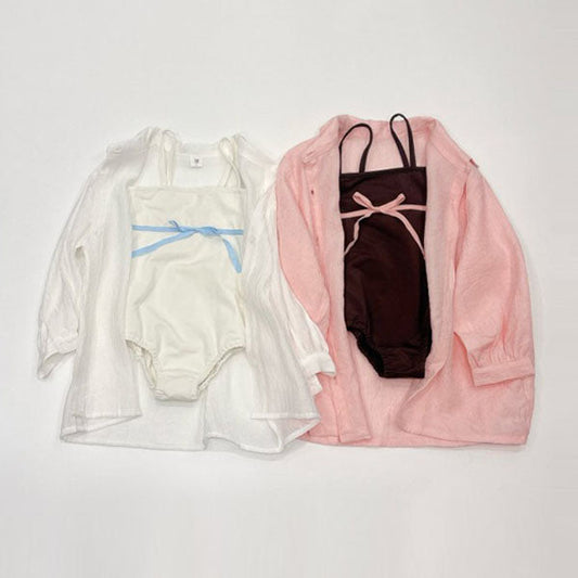 Ribbon Ruched Swimsuit Korean toddler swimsuit in brown made in Korea