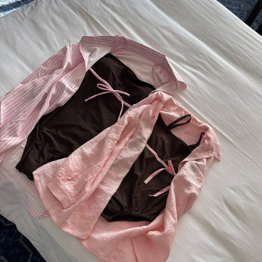 Ribbon Ruched Swimsuit - Mom Korean kids swimsuit in brown made in Korea