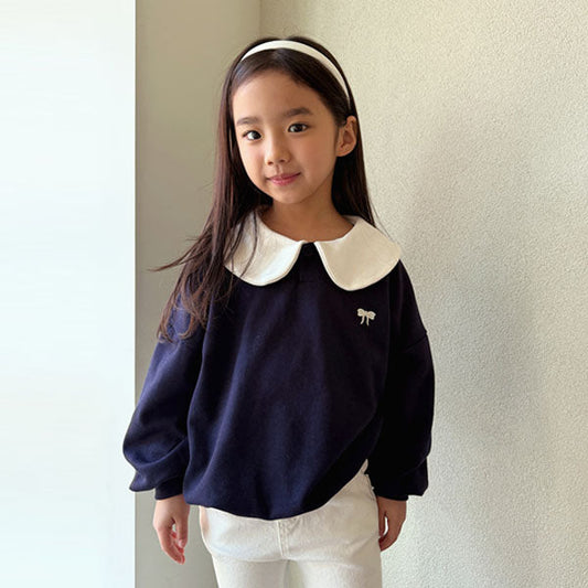Round Ribbon Collar Sweatshirt Korean toddler sweater in navy made in Korea