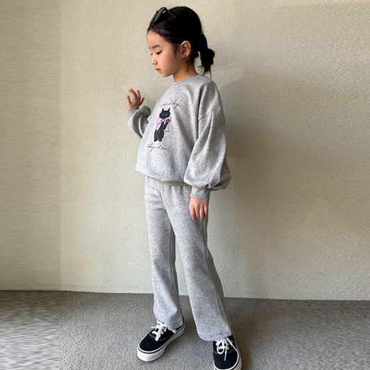 Cat Ribbon Bell-Bottom Set Korean toddler set in heather made in Korea