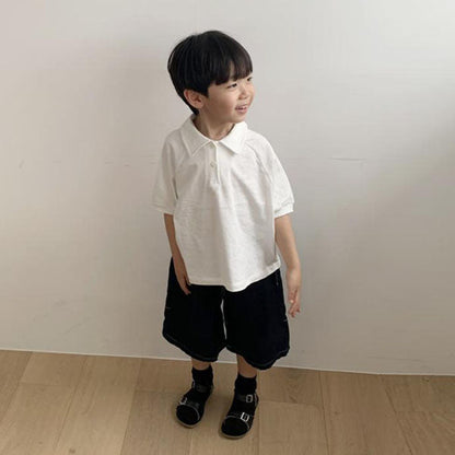 Pompom Stripe Collar Tee Korean toddler t-shirt in solid ivory made in Korea
