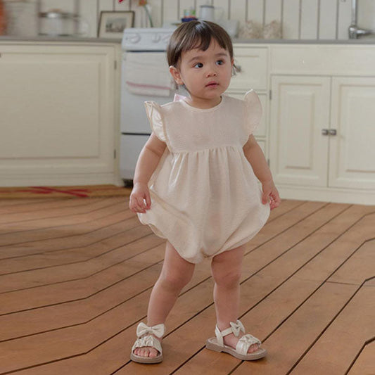 B Petite Ruffle Ribbon Bodysuit Korean infant bodysuit in beige made in Korea