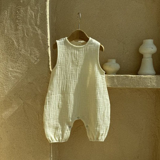 Back-Button Crinkled Cotton All-in-One Korean infant romper in plain cream made in Korea