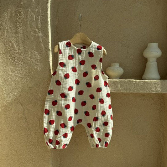 Back-Button Crinkled Cotton All-in-One - Strawberry Korean infant romper in strawberry made in Korea