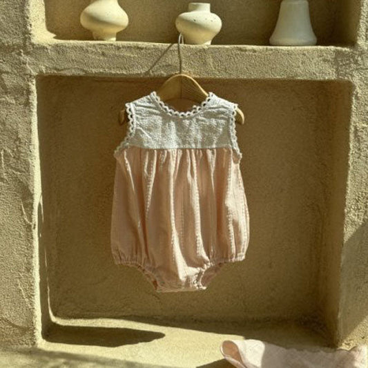 Lace Color-Block Suit Korean infant bodysuit in ivory made in Korea