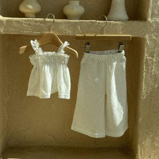 Punched Floral Top & Bottom Set Korean infant set in ivory made in Korea