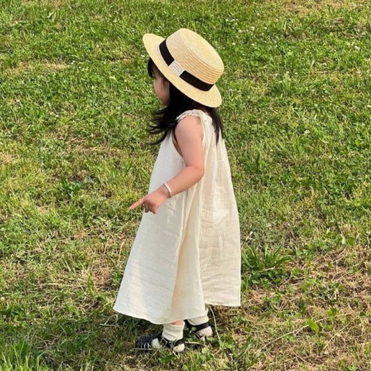 Crinkled Cotton Spaghetti Strap Dress Korean toddler dress in cream made in Korea