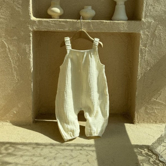 Crinkled Cotton Strap Jumpsuit Korean infant jumpsuit in cream made in Korea