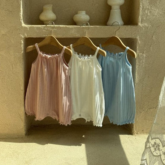 Ribbed Lettuce-Edge All-in-One Korean infant romper in ivory made in Korea