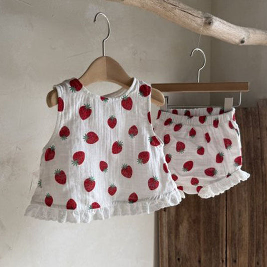 Crinkled Cotton Back-Slit Tank Top Set - Strawberry Korean infant set in strawberry made in Korea