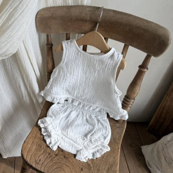 Crinkled Cotton Back-Slit Tank Top Set Korean infant set in solid ivory made in Korea
