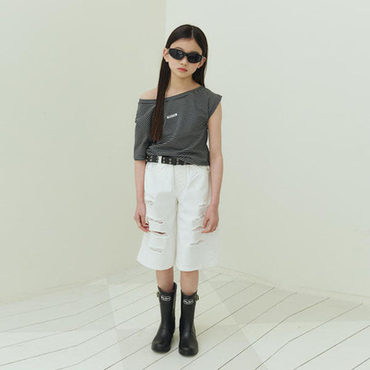 P02 Distressed Bermuda Pants - Kids Korean toddler pants in ivory made in Korea