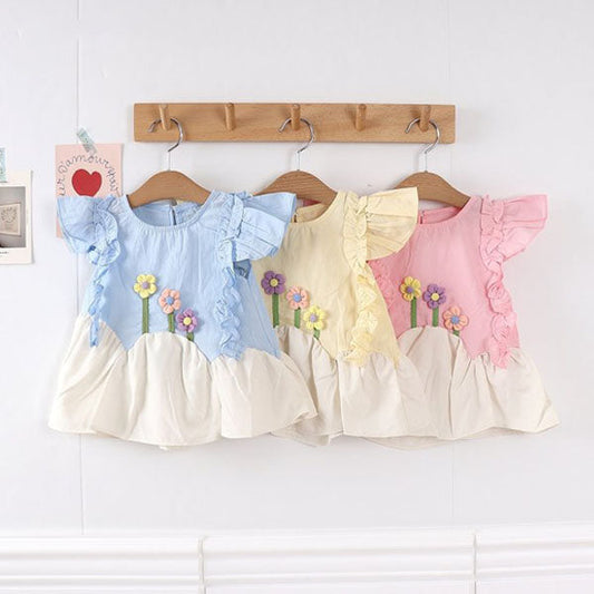 Three-Flower Long Tee Korean toddler t-shirt in sky blue made in Korea