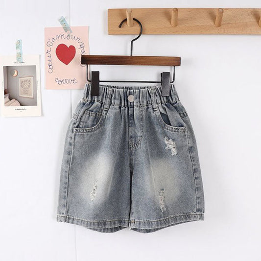 5-Length Distressed Denim Shorts Korean toddler shorts in blue denim made in Korea