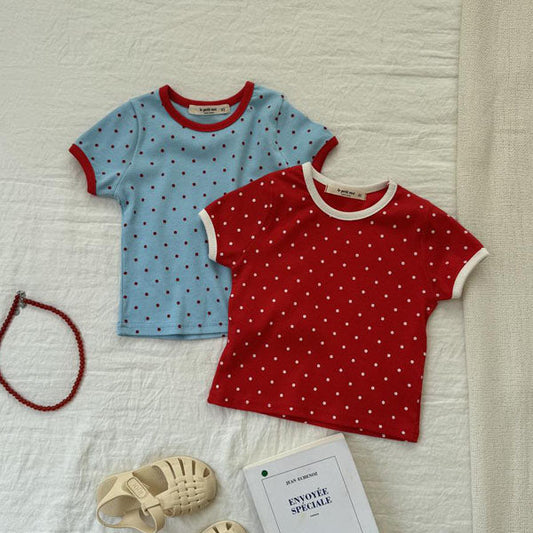 Polka Dot Color-Block Tee Korean toddler t-shirt in red made in Korea