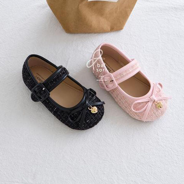 BB456 Tweed Buckle Flats Korean infant shoes in pink made in Korea
