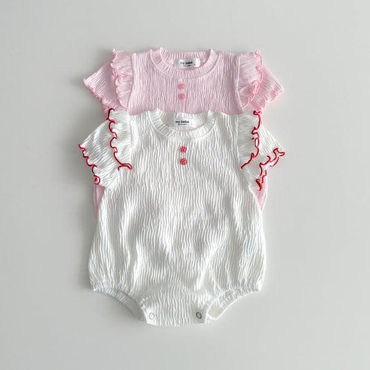 Double Lettuce-Edge Bodysuit Korean infant bodysuit in pink made in Korea
